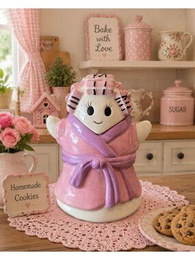 New Halloween Pink Grandma Ghost In Curlers & Bathrobe Cookie Jar Kitchen